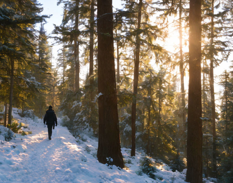 Snow-covered trail in sunlit forest with tall pine trees