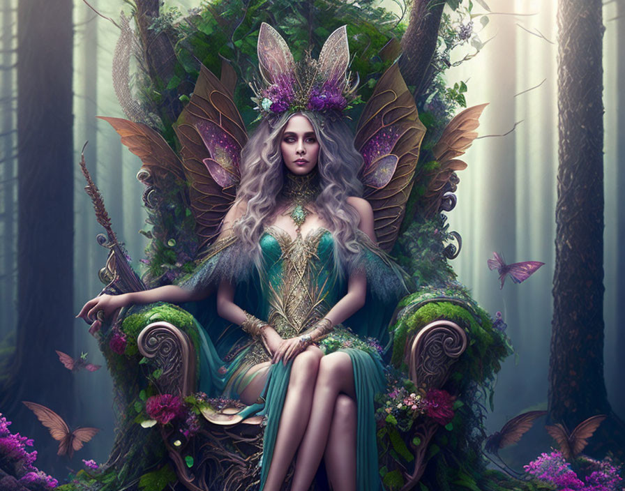 Mystical fairy queen with butterfly wings in enchanted forest