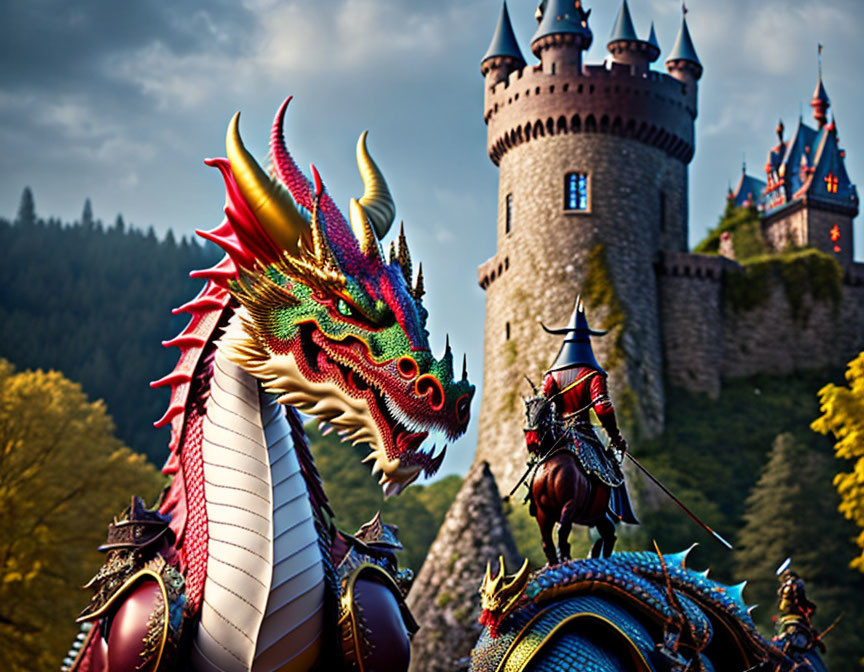 Colorful dragon figure with knight and castle in lush setting