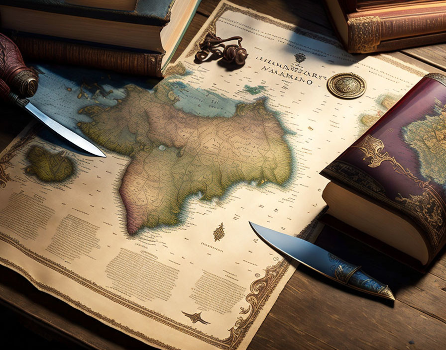 Vintage Fantasy Map Surrounded by Old Books and Quill on Wooden Table