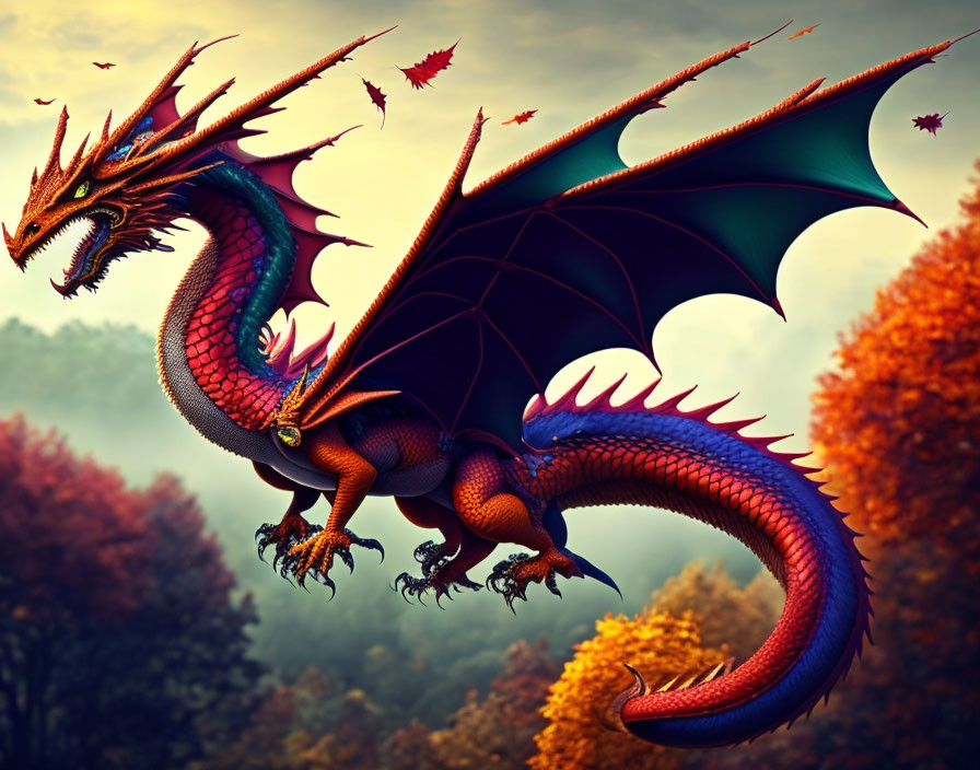 Red-scaled dragon flying over autumn forest with orange leaves