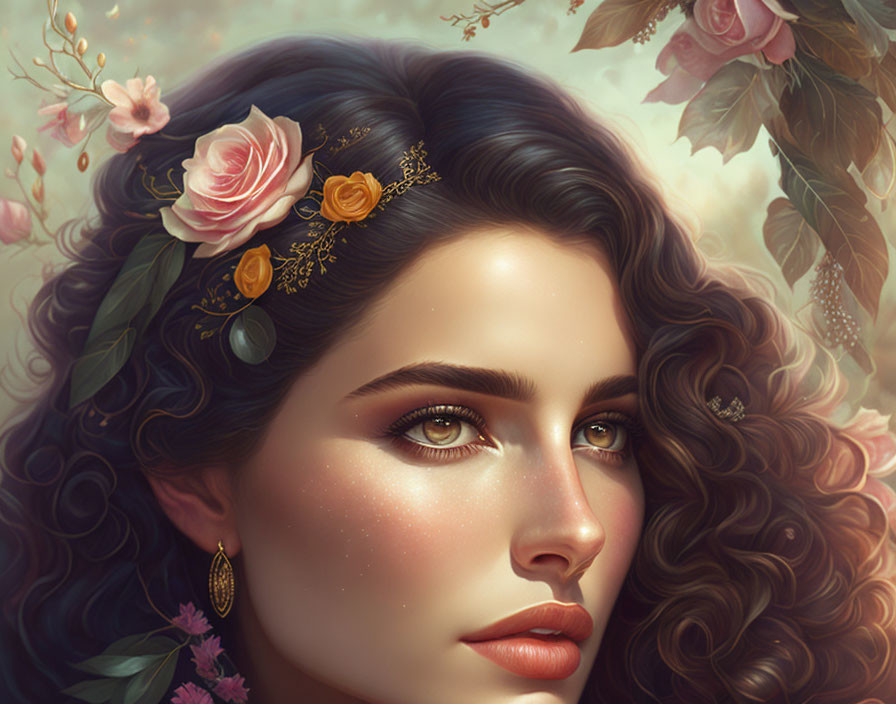 Detailed portrait of woman with curly hair and floral adornments.