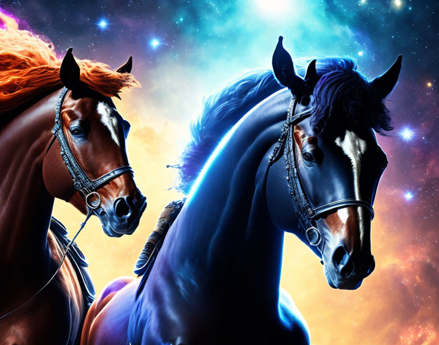 Majestic horses in cosmic starry scene