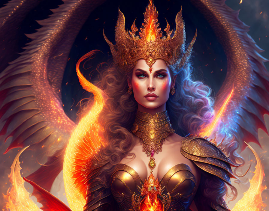 Fantasy queen with flaming crown, golden armor, fiery wings, intense gaze in mystical inferno