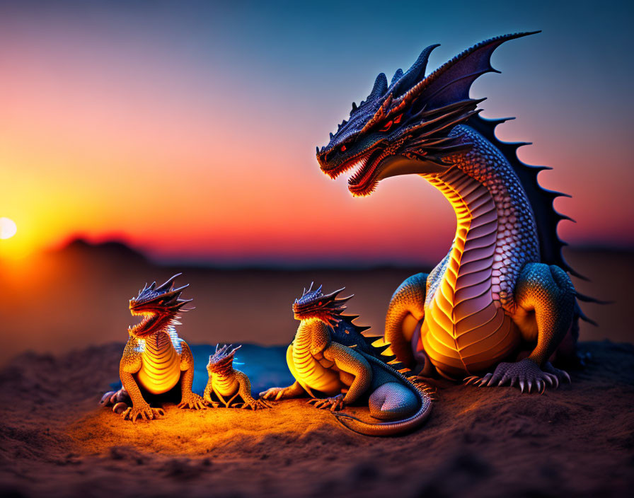 Dragon family figurines on sand at sunset with large and small dragons