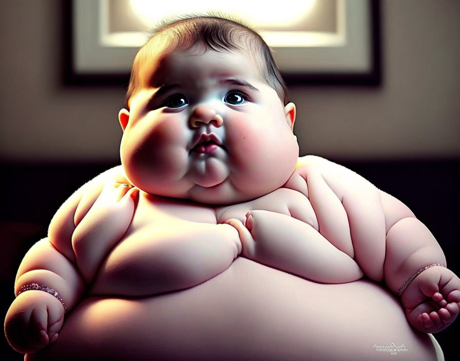 Chubby baby with pout, soft lighting, plump features & bracelets