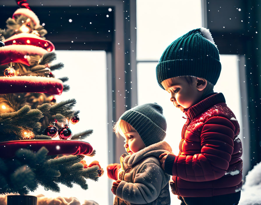 Children in winter clothes by Christmas tree in snowfall.