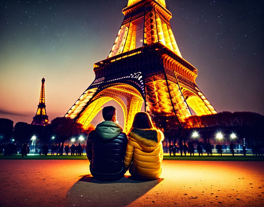 Romantic couple under starry sky by illuminated Eiffel Tower