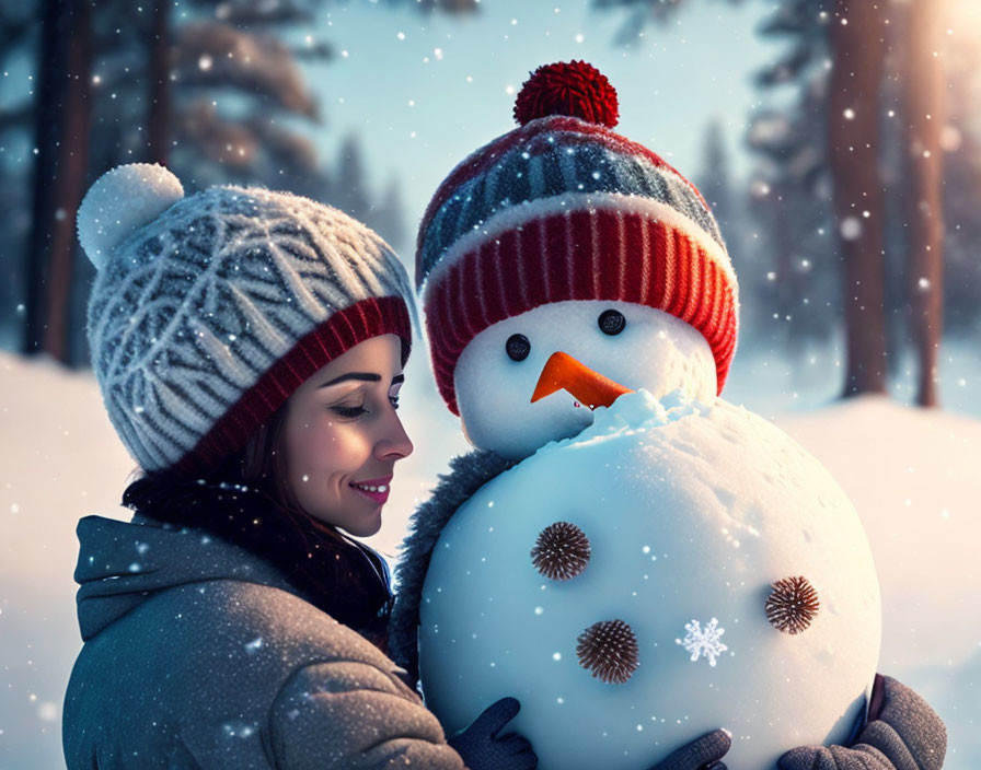 Woman in winter attire hugging snowman in snowy forest