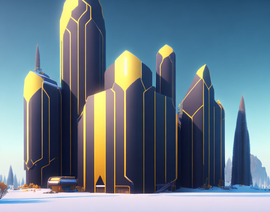 Sleek black and gold futuristic cityscape in snowy landscape