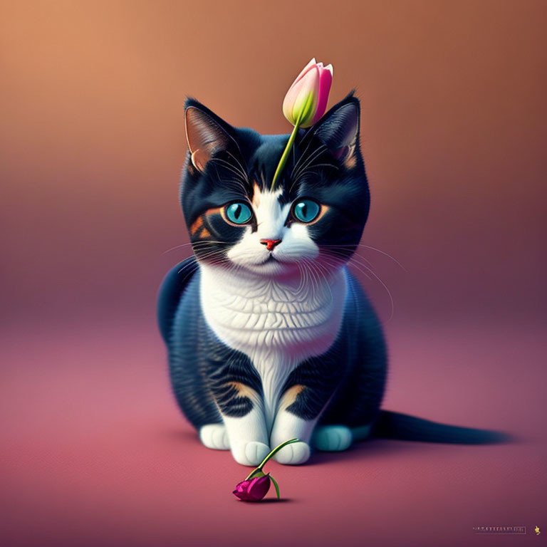 Seated tuxedo cat with blue eyes holding pink tulip on peach background