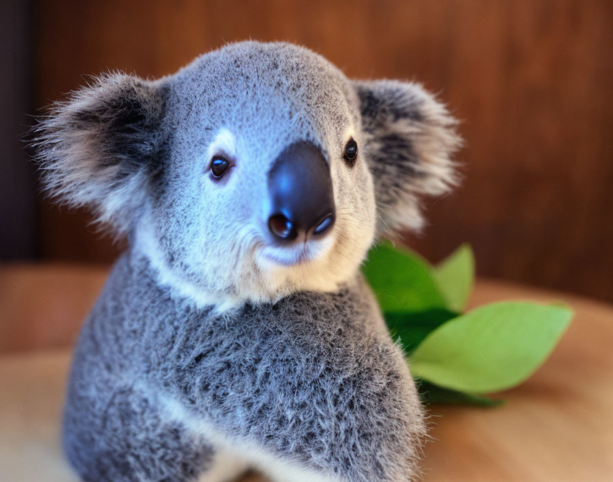 Fluffy Gray Koala Toy with Black Nose and Smile on Blurred Background