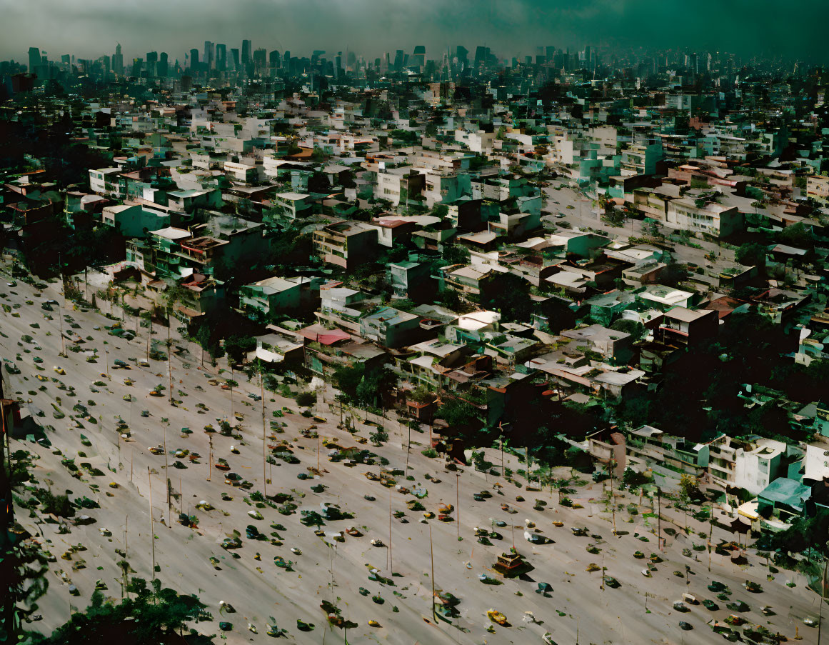 Densely Built Urban Area Under Stormy Sky