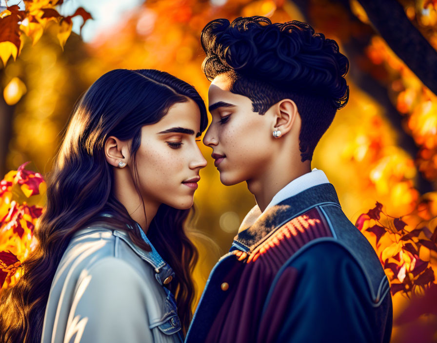 Couple in autumn leaves under warm sunlight