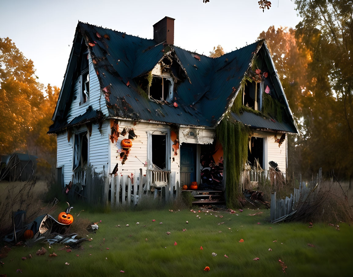 Decrepit Two-Story House with Halloween Decor and Pumpkins in Autumn Field