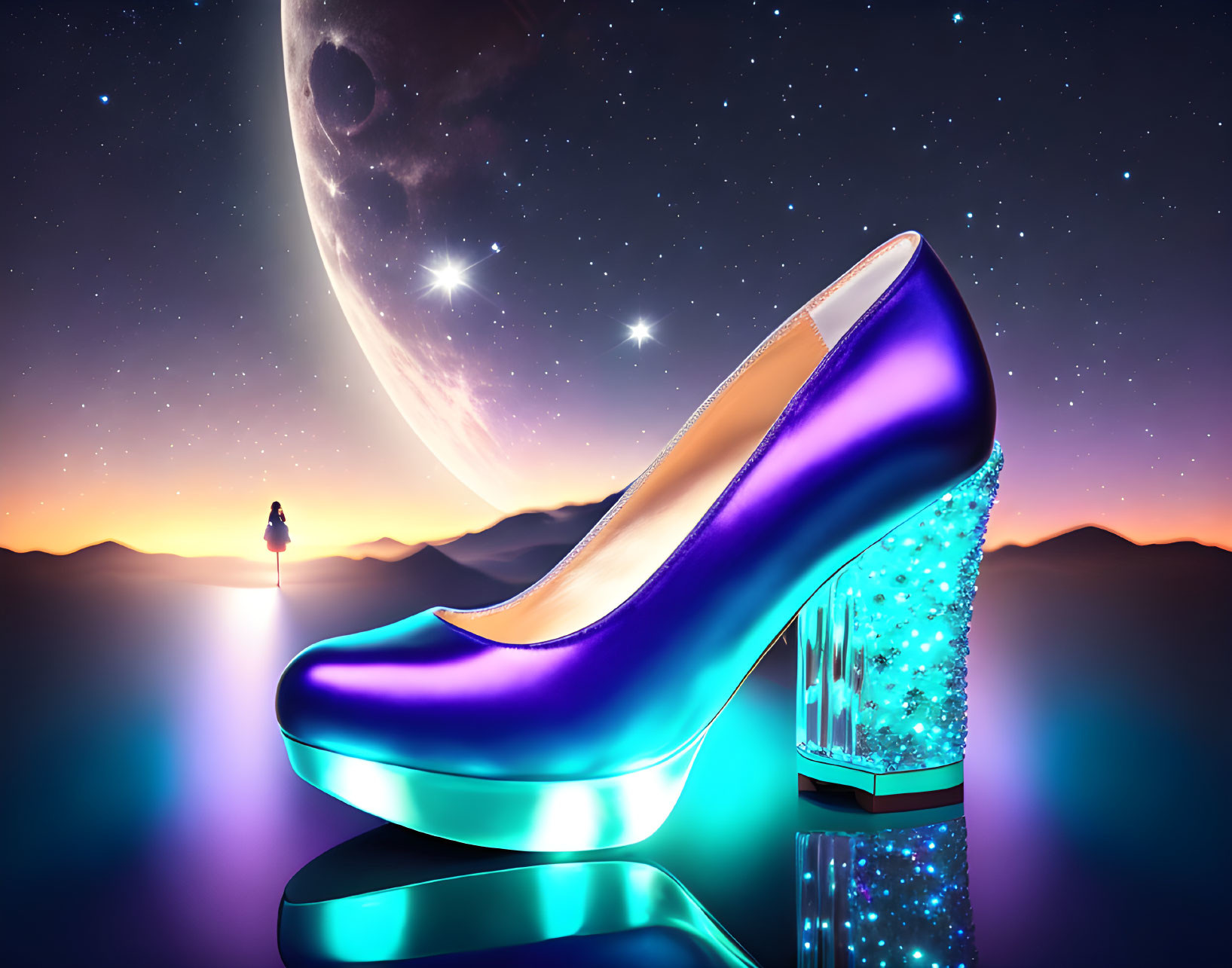 Sparkling high-heeled shoe against surreal purple sky with moon, stars, and lone figure.