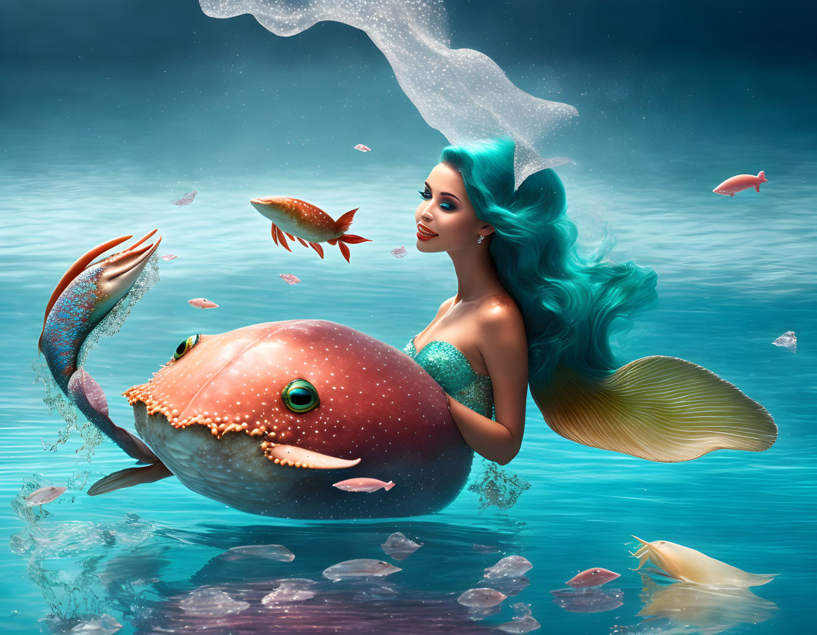 Turquoise-haired mermaid interacts with whimsical crab-fish hybrid underwater