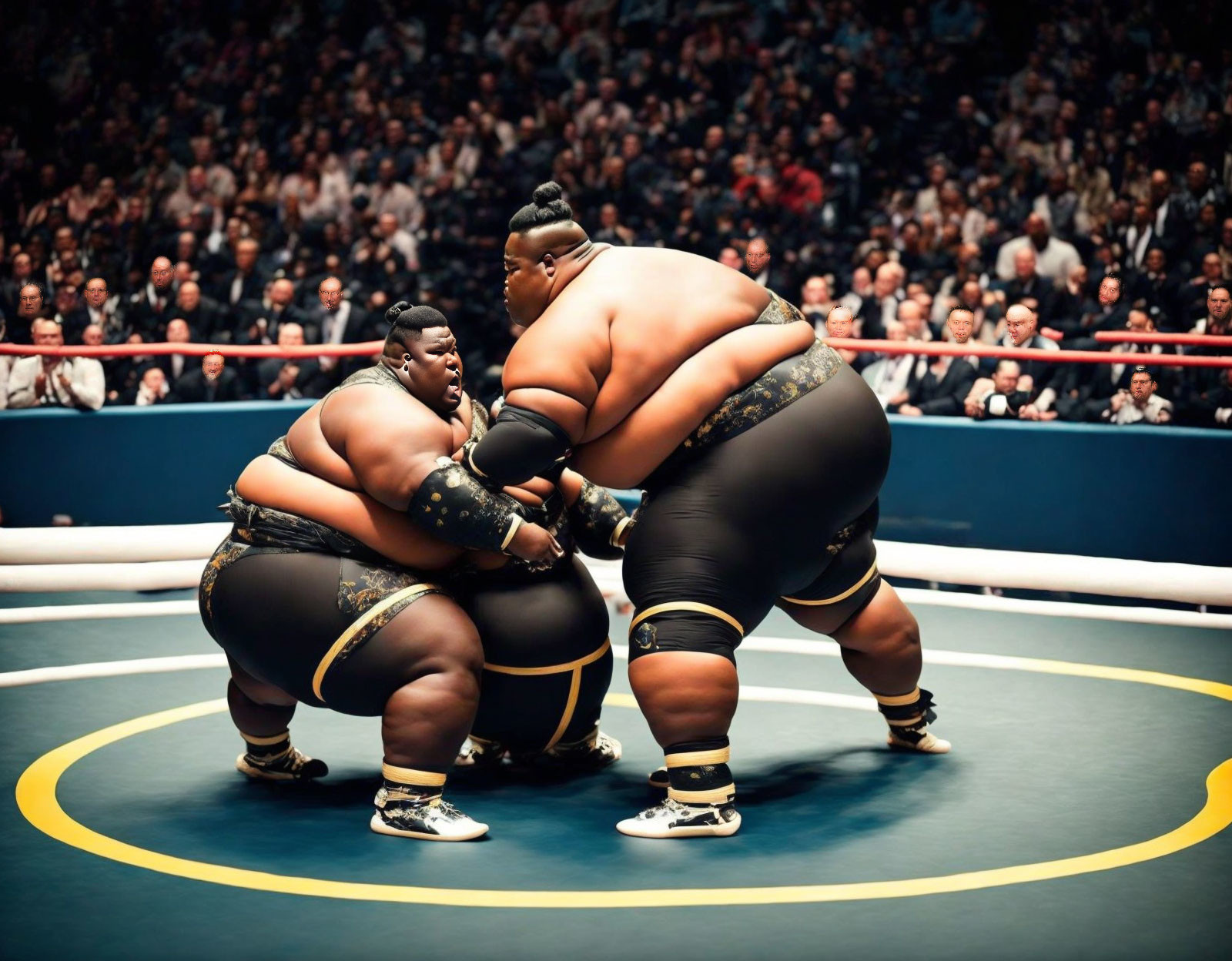 Sumo wrestlers in match with attentive audience