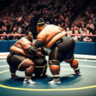 Sumo wrestlers in match with attentive audience