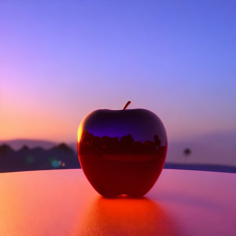 Vibrant sunset backdrop for glossy red apple