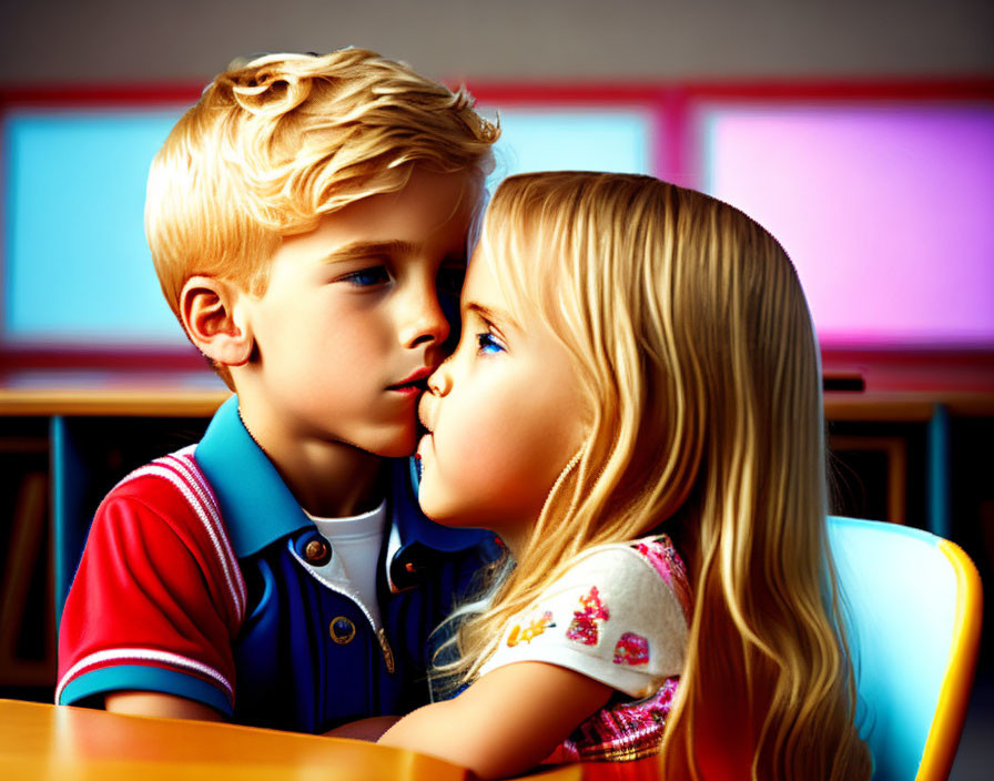 Blonde-Haired Children Sharing Tender Moment Indoors