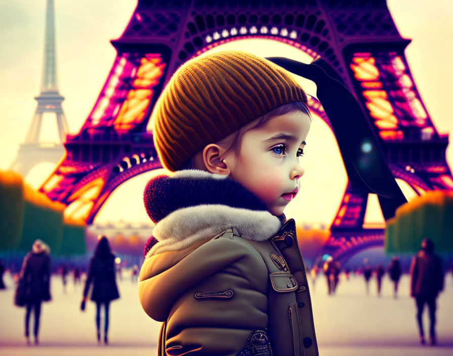 Child in warm hat and coat at Eiffel Tower at dusk