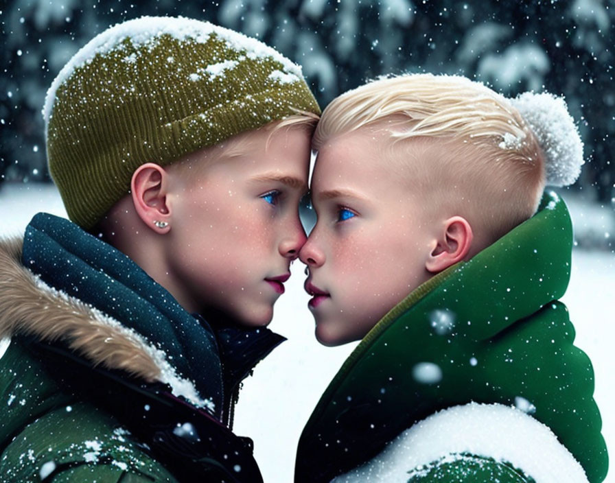 Children with snow-covered hair and clothes in close proximity during snowfall.