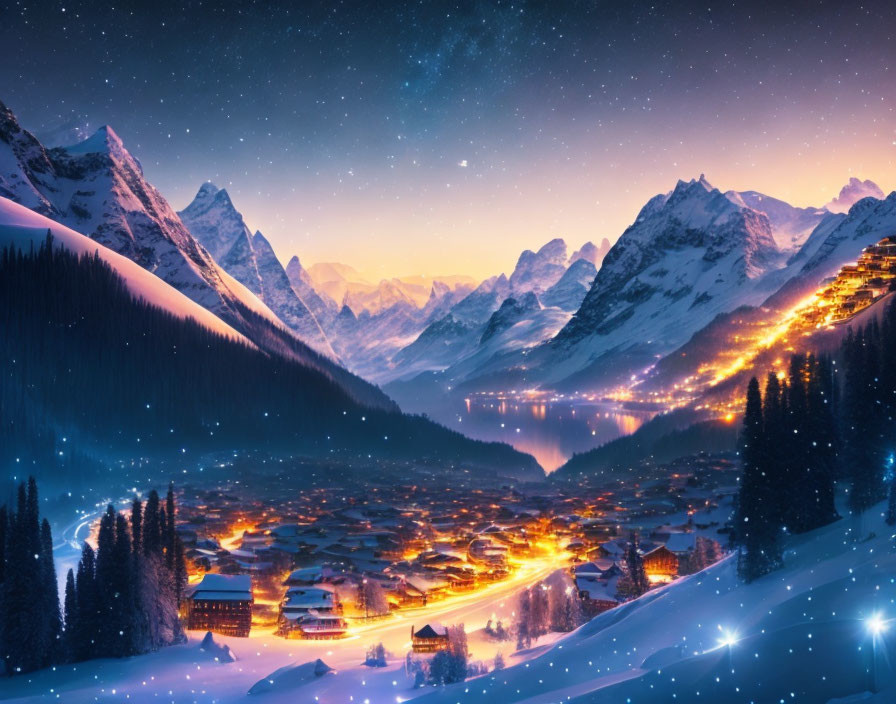 Mountain village at night: Glowing lights, snowy peaks, starry sky, lake reflection