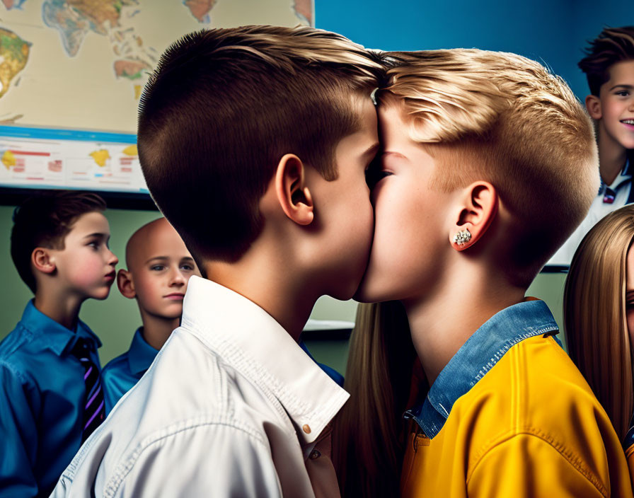 Children kissing in classroom with students watching