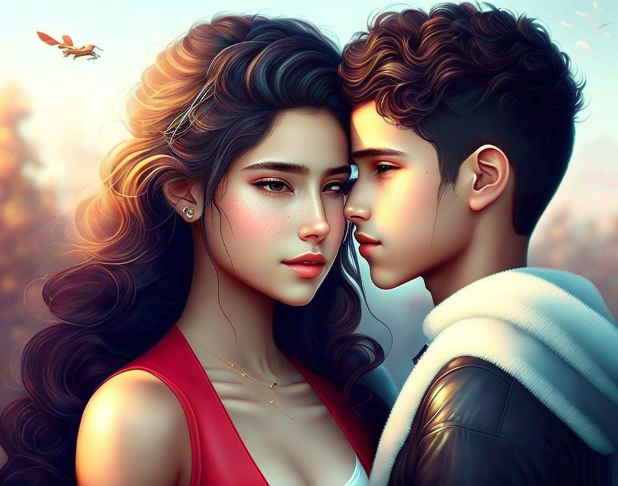 Detailed illustration of young couple in close embrace with realistic features and soft-focus natural backdrop