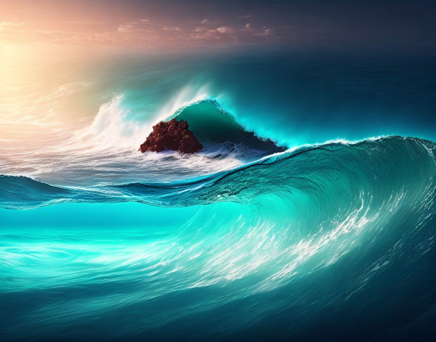 Vibrant image of large turquoise wave cresting with solitary rock under gradient blue sky