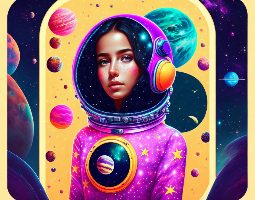 Woman in vibrant space helmet and suit against cosmic backdrop of stars, planets, and nebulae