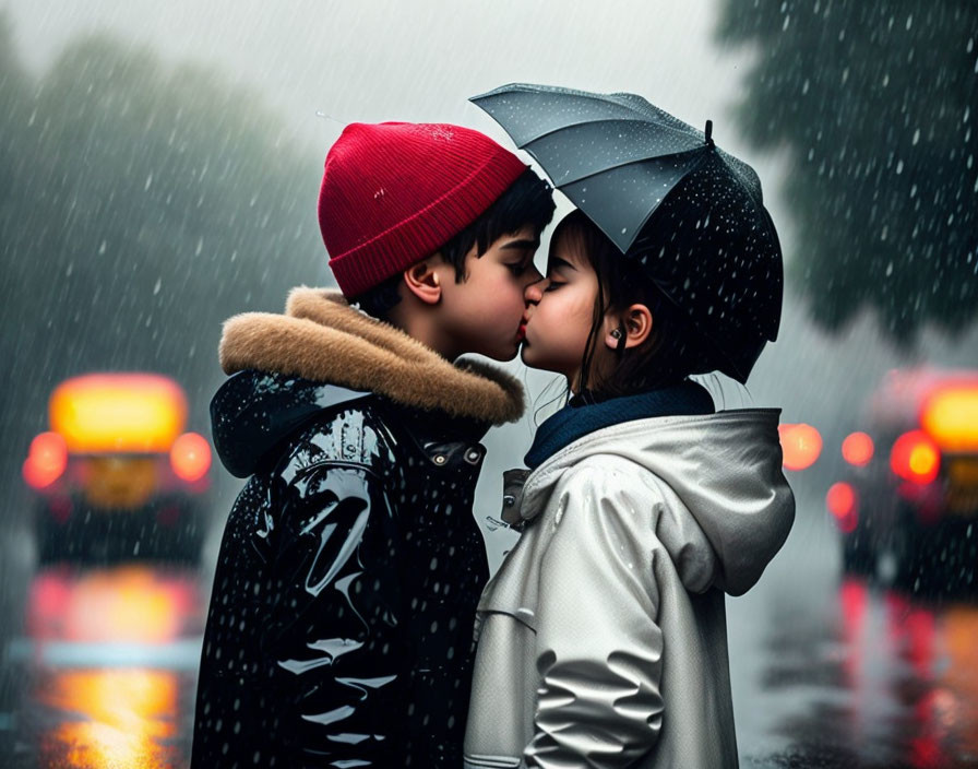 Children kissing under umbrella on rainy street with blurred vehicle lights