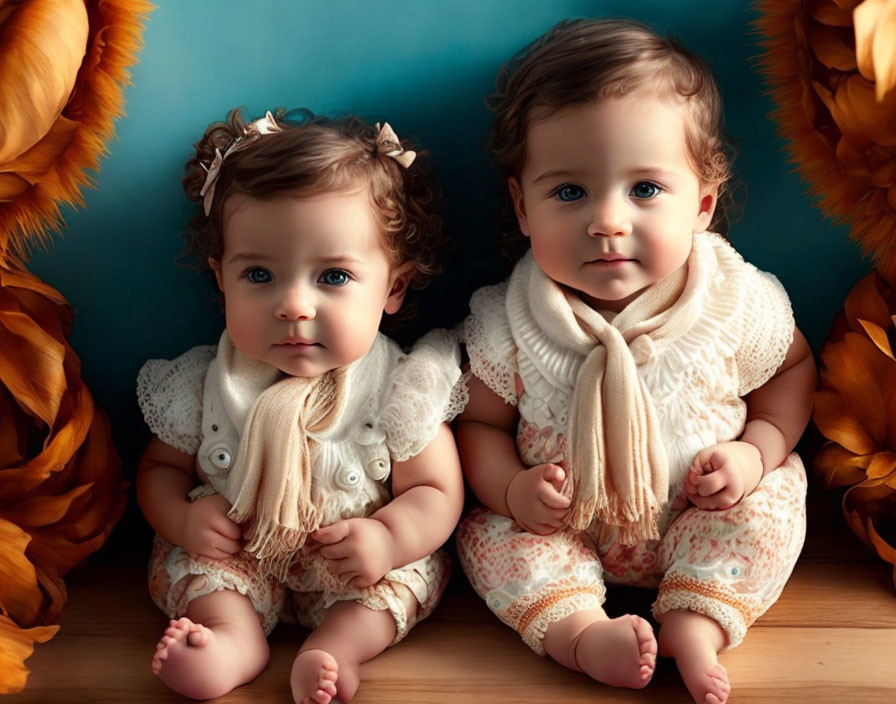 Curly-Haired Toddlers in Cream Outfits on Blue Background