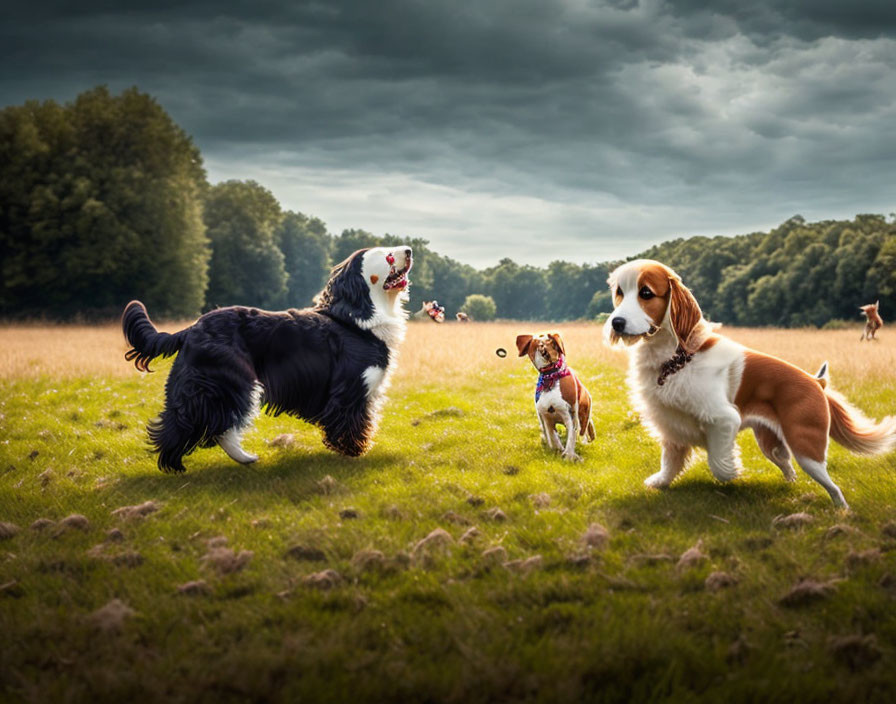 Three Dogs Playing in Grassy Field with Border Collie Catching Frisbee