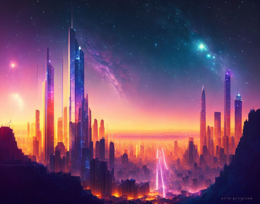 Futuristic city skyline at sunset with skyscrapers and starry sky