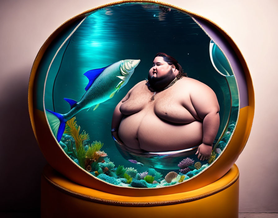 Person in Round Aquarium with Fish, Coral, and Plants