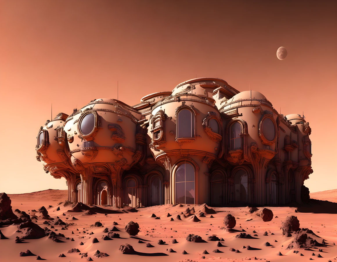 Futuristic domed structures on Martian landscape with red rocks and dust under moonlit sky