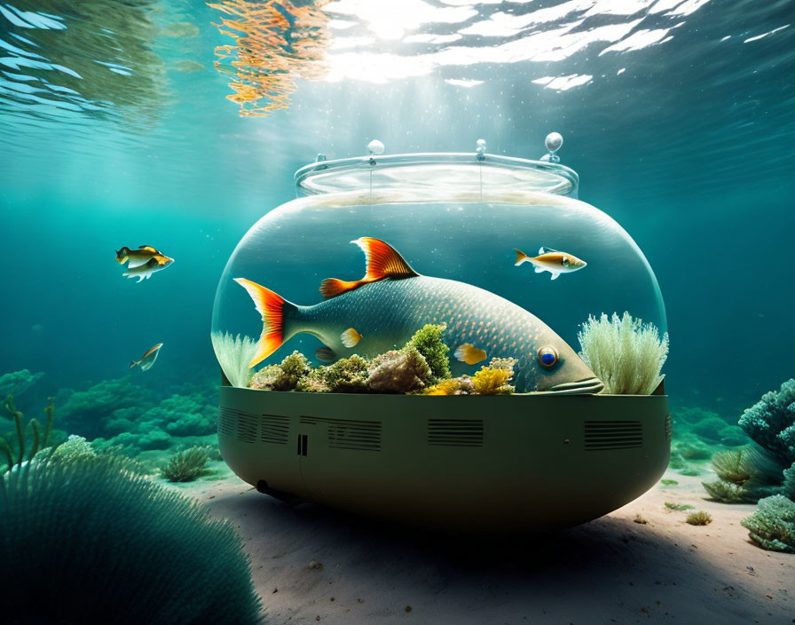 Large Fish in Oversized Fishbowl with Small Fish on Seabed