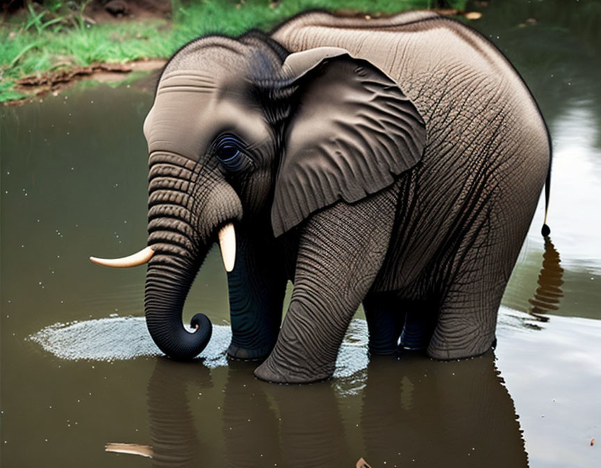 Elephant with Curled Trunk in Water Surrounded by Lush Greenery