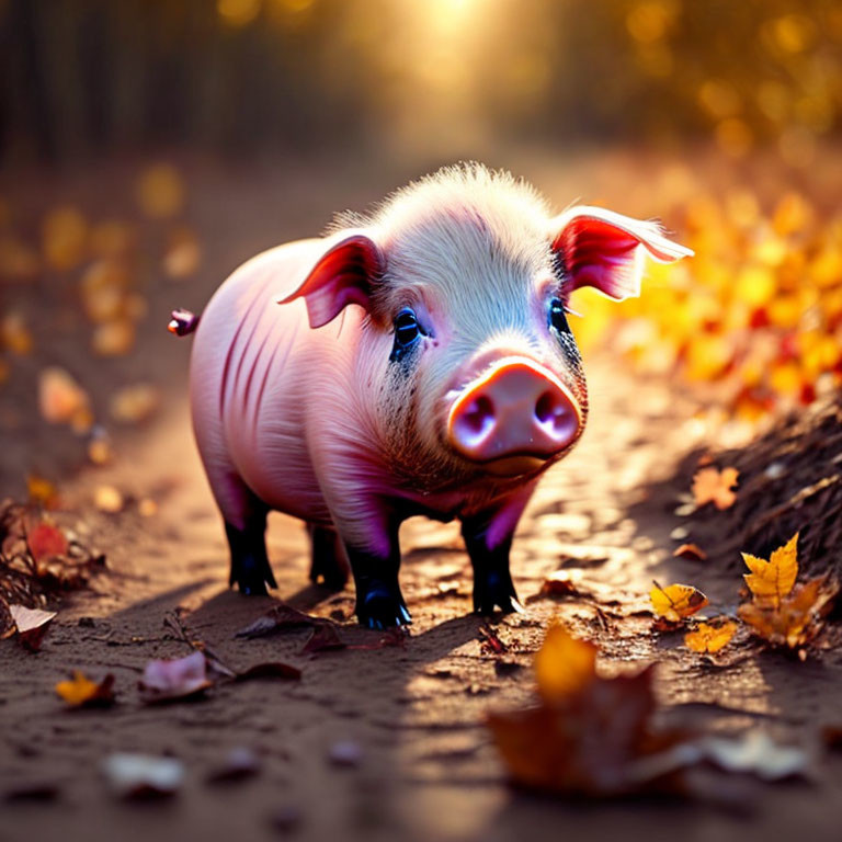 Young piglet in autumn forest with sunlight filtering through trees