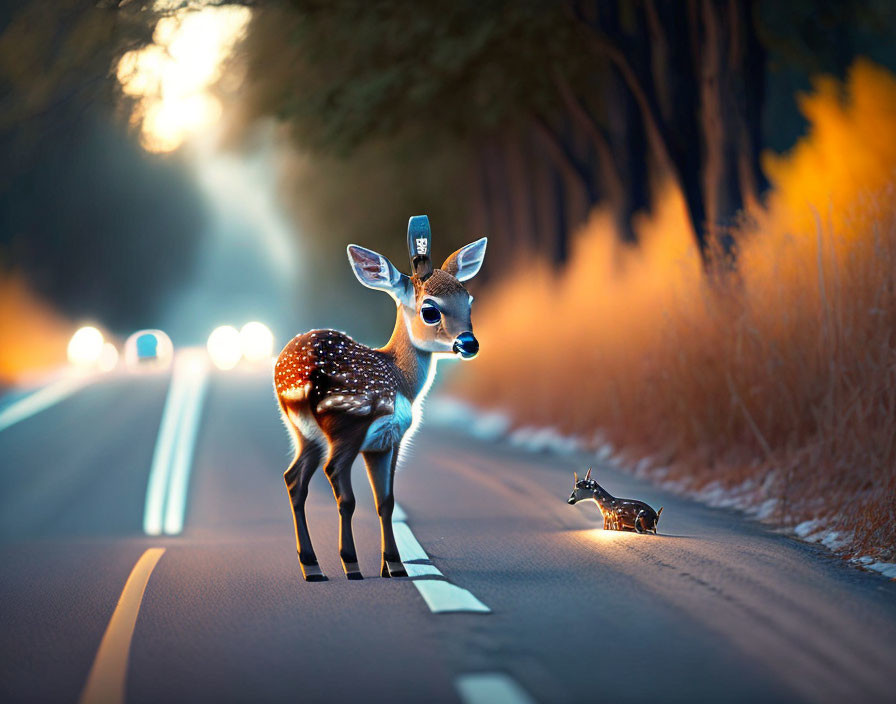 Fawn and squirrel on road with glowing vehicle lights at dusk