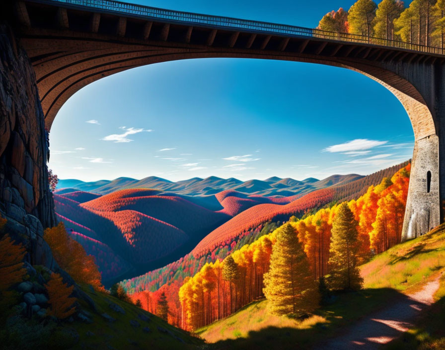 Majestic bridge over vibrant autumn forest and hills