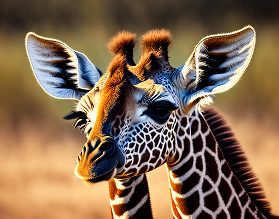 Giraffe head close-up with alert ears and patterned neck