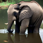 Elephant with Curled Trunk in Water Surrounded by Lush Greenery