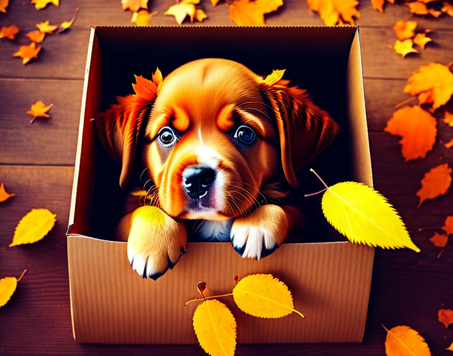 Adorable Puppy in Cardboard Box Surrounded by Autumn Leaves