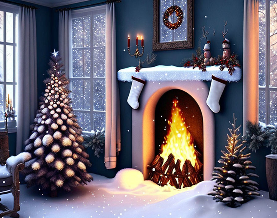 Festive Christmas room with fireplace, tree, stockings, wreath, and snowy view