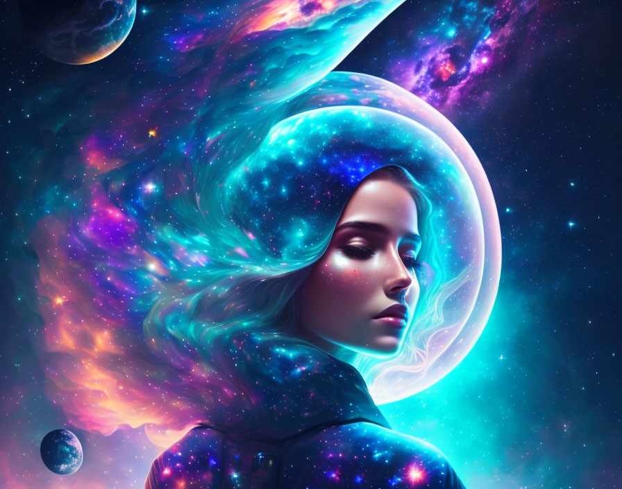 Woman with glowing crescent moon around head in cosmic scene