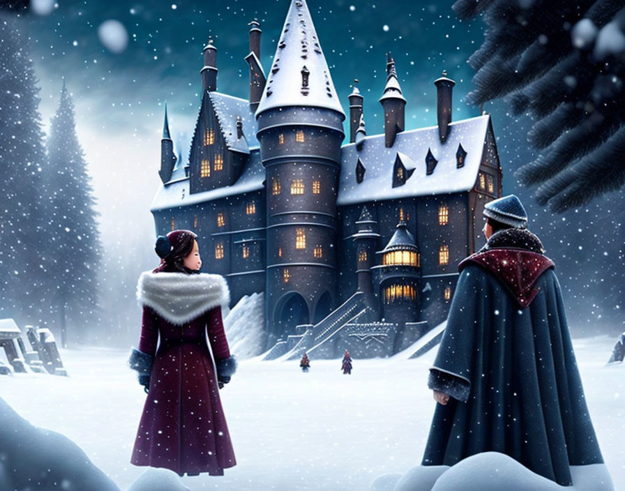 Two cloaked figures admire illuminated castle in snowy night.