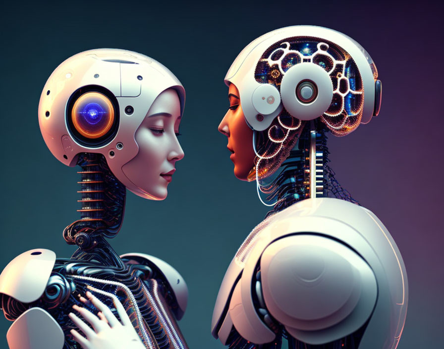 Intricately designed humanoid robots on gradient background